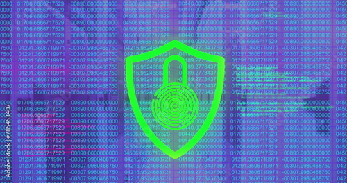 Image of data processing and biometric fingerprint padlock over computer servers