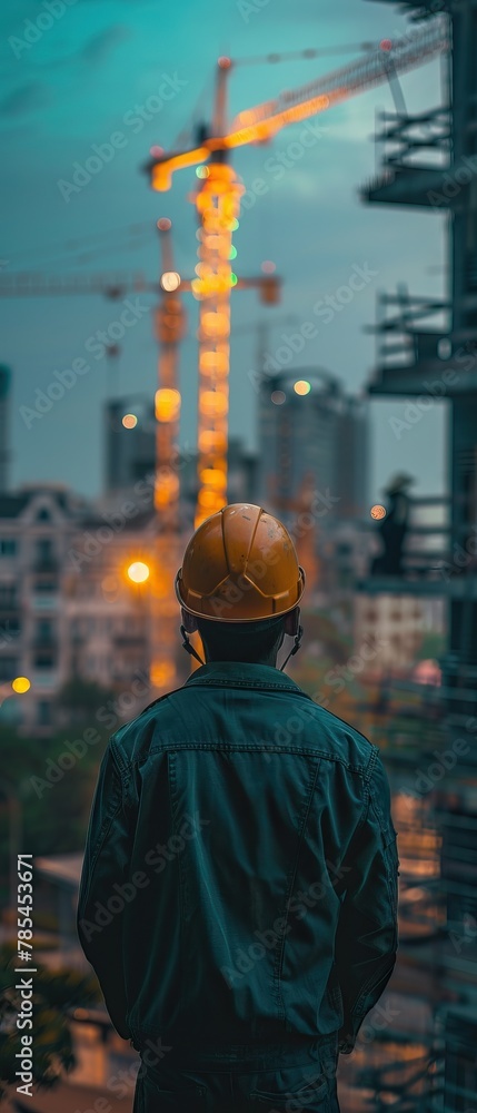 A construction worker gazes at a bustling construction site at dusk