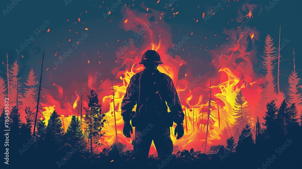 A firefighter stands before a raging forest fire - obrazy, fototapety, plakaty 