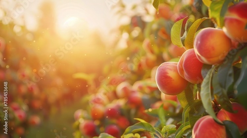 Golden light highlights peach orchard's vibrancy, spotlighting fuzzy fruit textures. Peach fuzz color