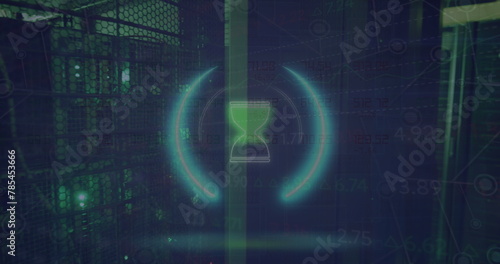 Image of rotating scanner over data processing in green and black space