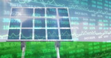 Image of financial data processing over solar panel on grass and blue background