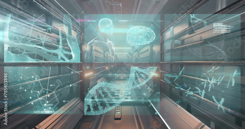 Image of dna, brain and medical data processing on interface screens