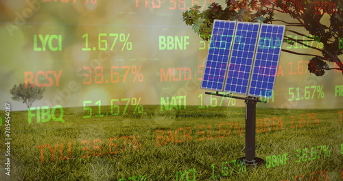 Image of solar panel over trading board on green landscape