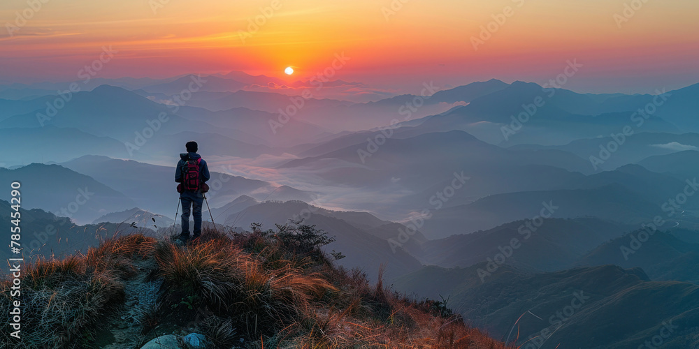 Majestic view of person on mountain peak watching sunset on the horizon in awe and wonder