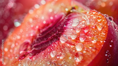 Detailed macro capture of peach slice showcasing peach fuzz color and texture with water droplets on cool background. Peach fuzz color