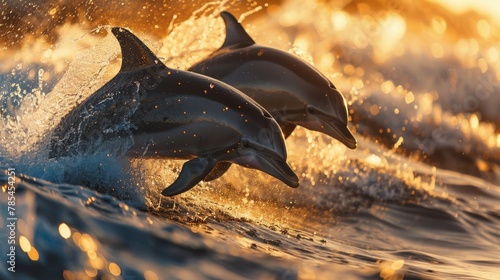 Two dolphins leaping out of ocean waves at sunset.