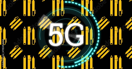 Image of 5g text and scanner over orange pens repeated on black background