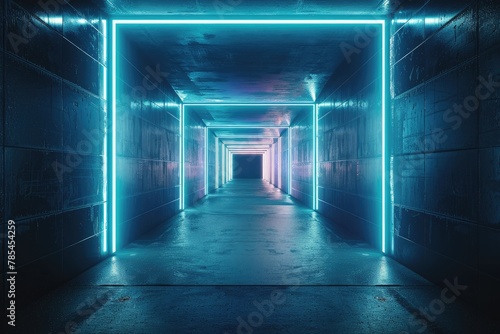 An empty underground blue room with bare walls and lighting metro