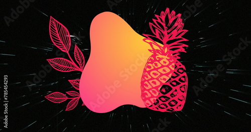 Image of red fruit and plant with orange shape over white ufos moving on black background