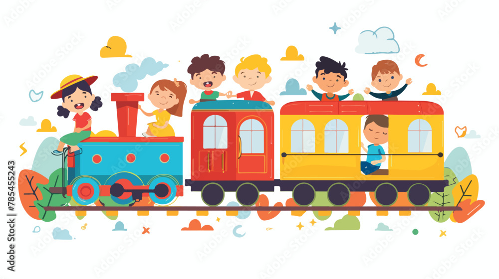 Kids boys and girls riding on a cartoon train. Flat 