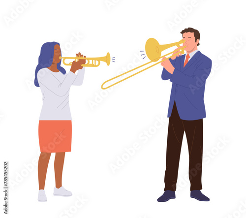 Man and woman musicians cartoon characters playing wind music instrument isolated on white