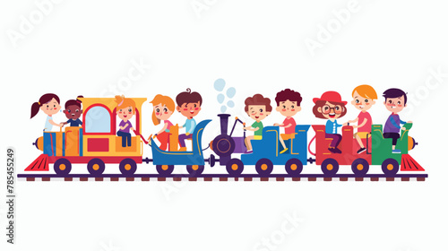 Kids boys and girls riding on a cartoon train. Flat  © Blue