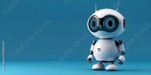 Chatbot robot deploying for customer service interactions in a business technology office environment description This image depicts a friendly cute © Thares2020