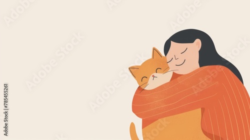 Cute girl hug funny red fat cat. Art illustration isolated on light beige background. Copy space for your text. Products for animals, pets. Volunteer concept Woman embrace redhead kitten. Minimalistic