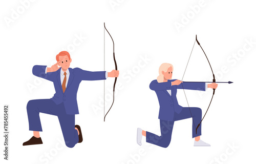 Isolated businessman and businesswoman cartoon characters bow armored accuracy aiming with arrow