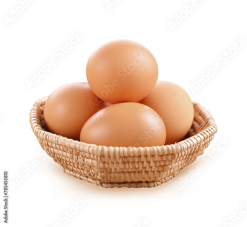 Chicken eggs in basket on white  background on transparent.