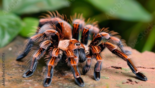 Detailed macro close up of a tarantula in its natural habitat, showcasing intricate spider details