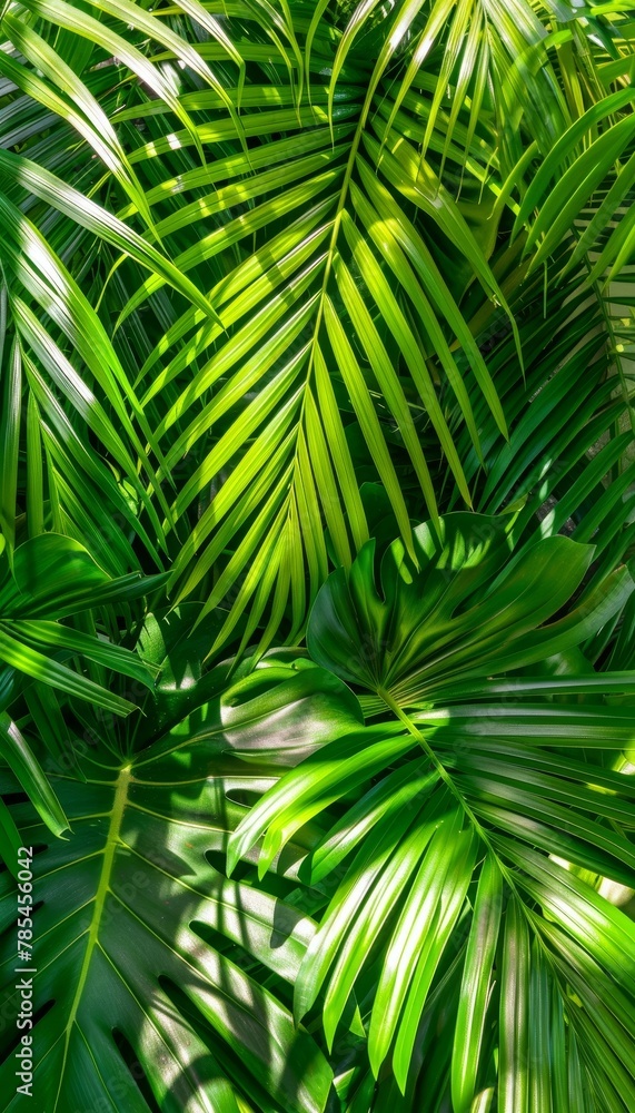 Exotic tropical forest lush palm leaves and trees in a verdant jungle nature panorama wallpaper Exotic tropical forest lush palm leaves and trees in a verdant jungle nature panorama wallpaper