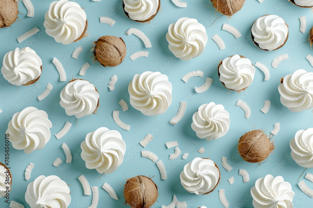 Delicious coconut cream cupcakes with white frosting on a blue background top view flat lay concept Delicious coconut cream cupcakes with white frosting on a blue background top view flat lay concept