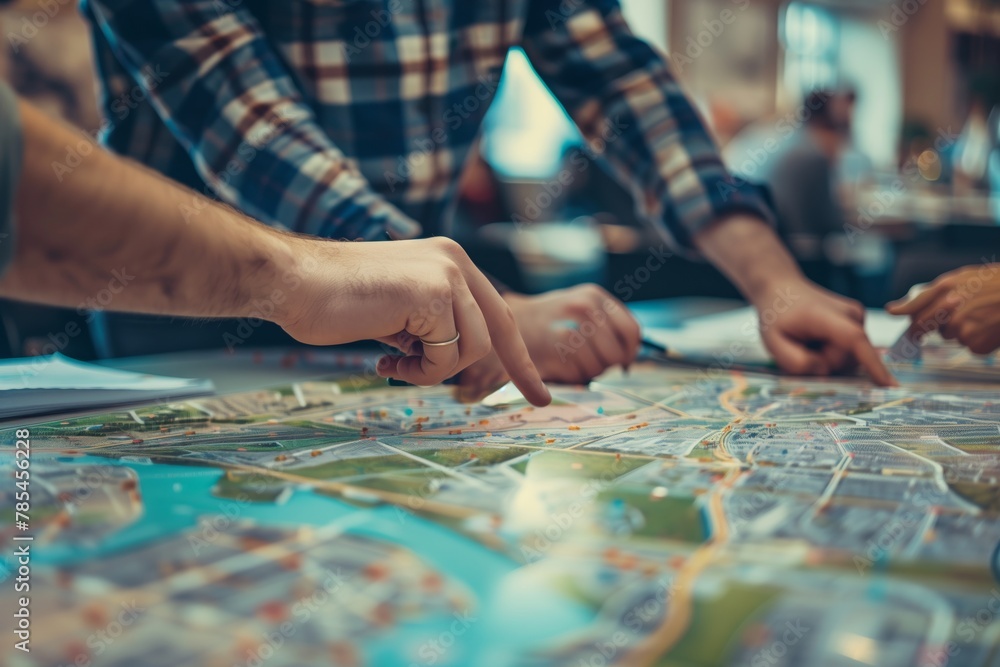 A focused group of individuals collaboratively pointing and planning routes on a large city map. A focused group of individuals collaboratively pointing and planning routes on a large city map.