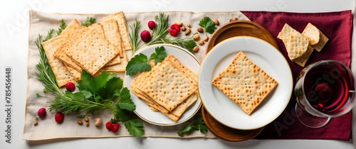 Matzah bread, wine, herbs, and nuts artfully arranged for celebrating Jewish tradition during a Passover Seder feast