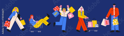 Set of colorful cartoon flat characters are shopping. People taking part in seasonal sale at shop, store or mall. Black friday sale concept. 