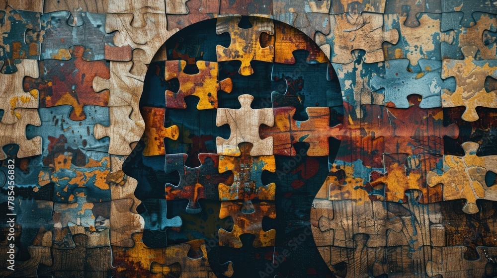 Fototapeta premium Human head profile with jigsaw puzzles. Mental health, brain problem, personality disorder, cognitive psychology and psychotherapy, problem-solving, thinking, self-discovery concept background
