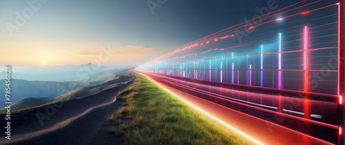 Illuminated neon road curving through a mountainous landscape at dusk, showcasing technology and exploration