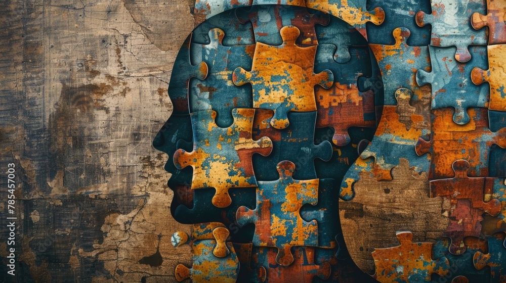 Human head profile with jigsaw puzzles. Mental health, brain problem
