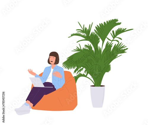 Businesswoman freelancer character holding online conference on laptop at comfortable workplace