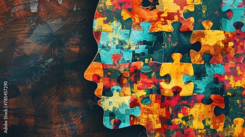 Human head profile with jigsaw puzzles. Mental health, brain problem, personality disorder, cognitive psychology and psychotherapy, problem-solving, thinking, self-discovery concept background photo