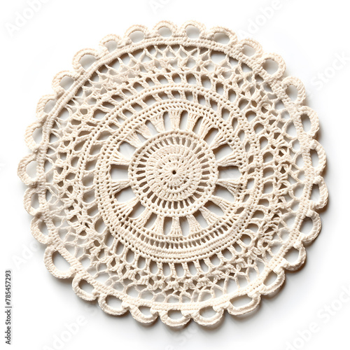 White Round handmade crafted crochet raffia placemat isolated on white background