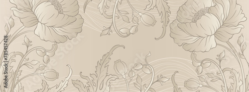 Elegant prestigious background neutral template with peony flowers. The design luxury peony is made for oriental chinese motif with gold and beige colors.