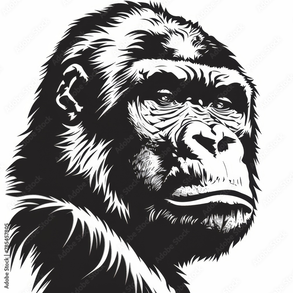 Fototapeta premium A black and white line drawing of a gorilla looking to the right.