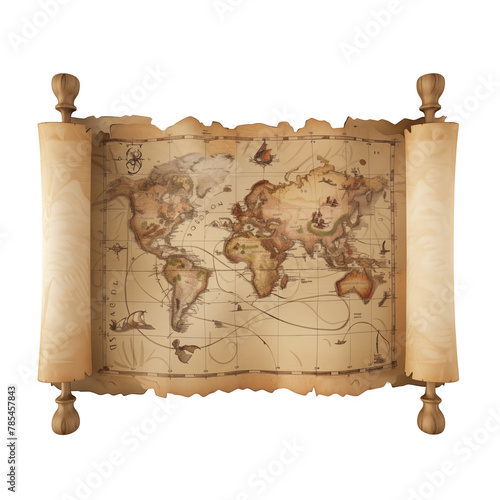 Cartoon pirate treasure map scroll, top view on white background, 3D render element for game.  © NADEZHDA