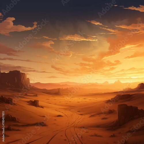 Vast desert landscape bathed in fiery orange hues as the sun dips below sand dunes.