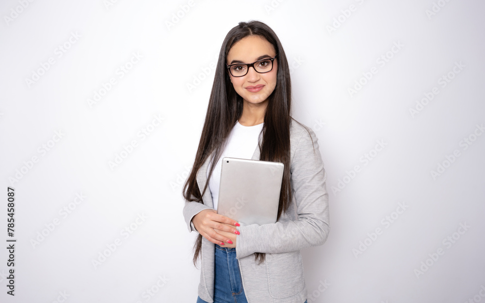 Young satisfied smiling happy fun cheerful successful european employee woman 20s she wearing casual classic jacket look camera isolated on white background. Young satisfied smiling happy fun cheerful successful european employee woman 20s she wearing casual classic jacket look camera isolated on white background.