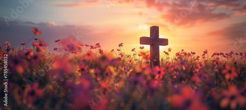 Symbolic easter scene  empty tomb stone with cross on meadow against sunrise backdrop #785458032