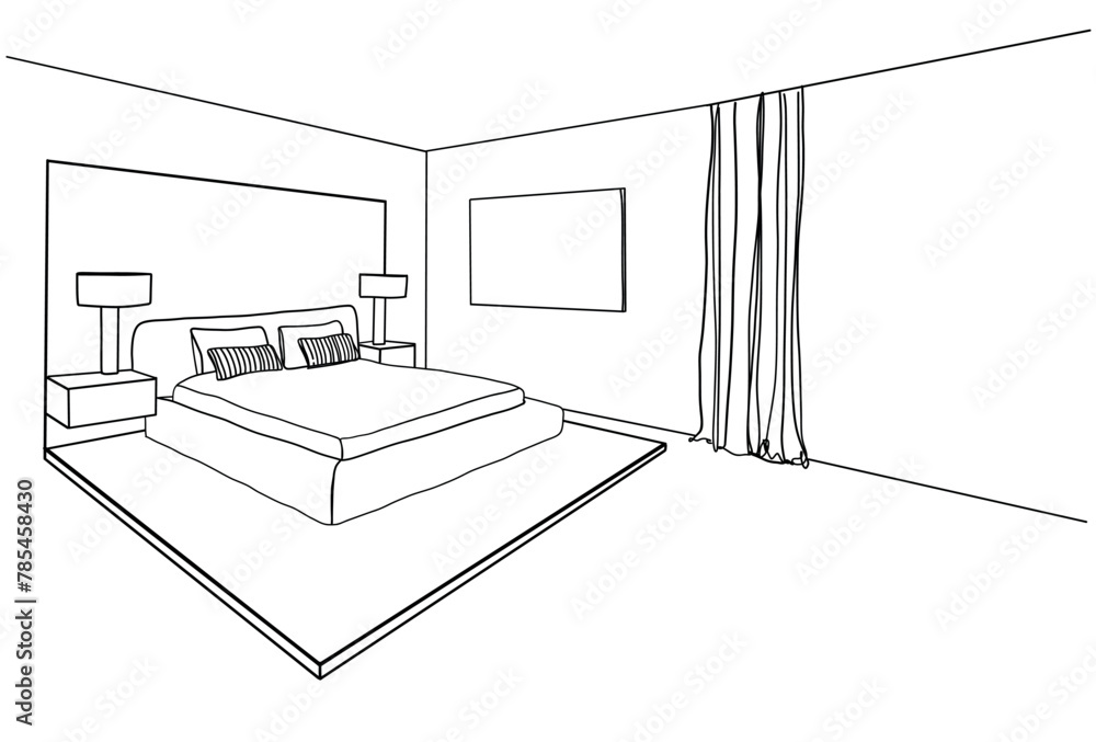 Bedroom interior sketch, hand drawn furniture Bedroom interior sketch, hand drawn furniture