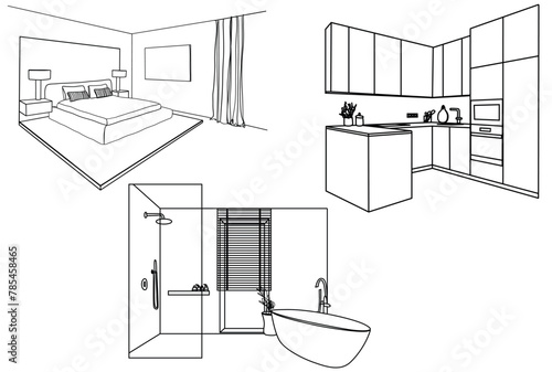Set of different interior hand drawn sketch. Bedroom, bathroom, kitchen