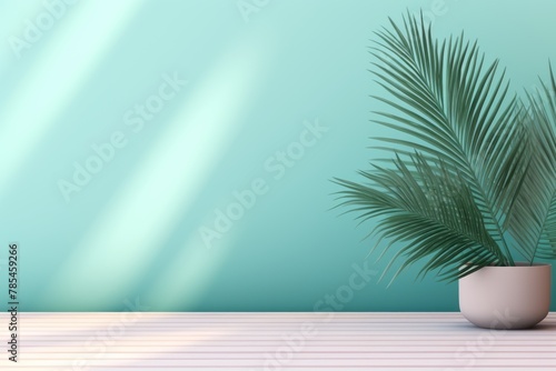 Teal background with palm leaf shadow and white wooden table for product display, summer concept. Vector illustration, isolated on pastel background