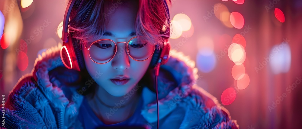 Virtual Idol in Neon Glow Streams for Fans. Concept Virtual Idol, Neon Glow, Livestream, Fan Interaction, Entertainment Virtual Idol in Neon Glow Streams for Fans. Concept Virtual Idol, Neon Glow, Livestream, Fan Interaction, Entertainment