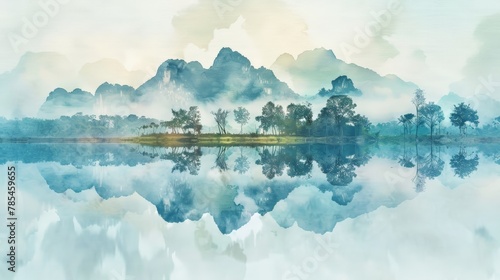 Amazing watercolor view of foggy morning of a mountain range with a lake in the foreground. water is calm and the sky is blue. travel landscapes and destinations