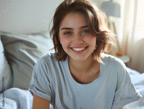Free Download t-shirt in the color gray, Blondine is wearing, which is a product mockup. she is casual shorts, sitting on a bed - GFXLoad