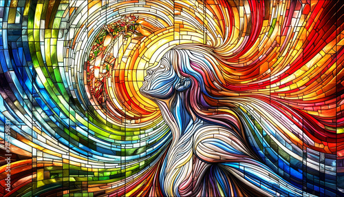 A vibrant mosaic featuring a woman s profile with flowing hair in a spectrum of colours  evoking a sense of movement and life amidst the stained glass-like segments.