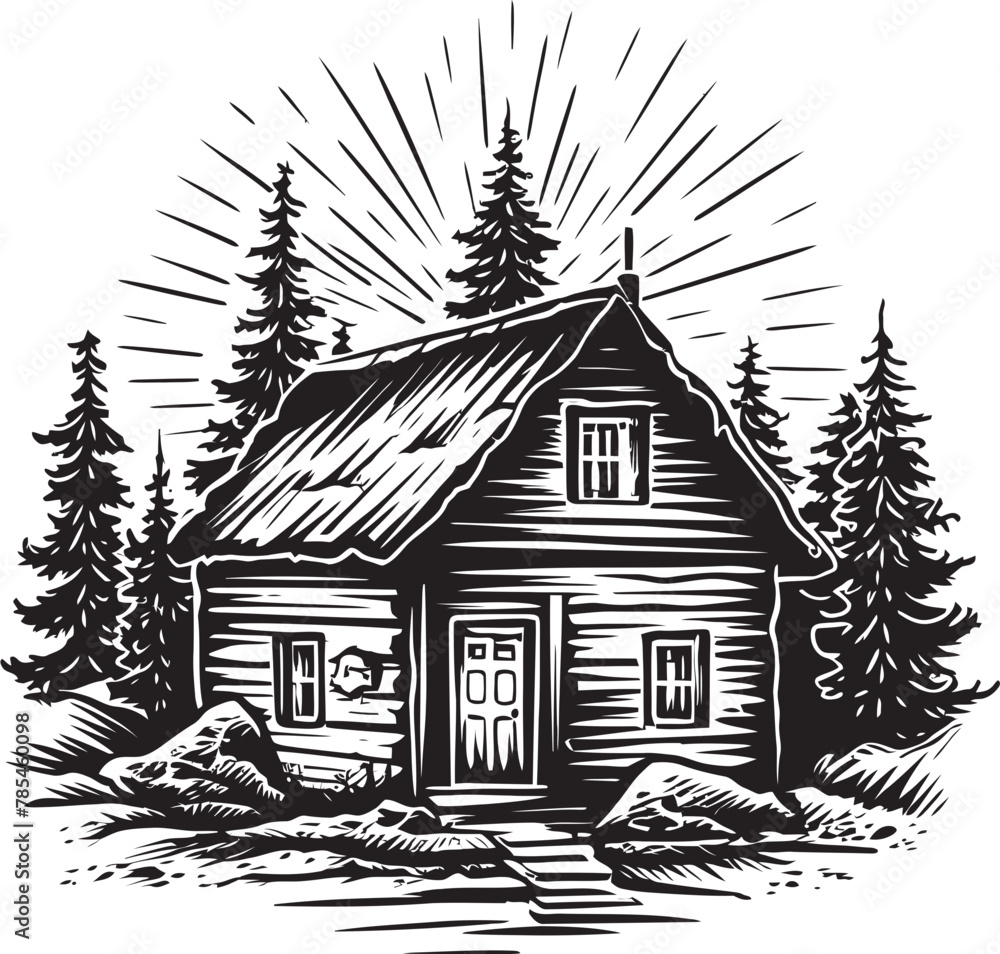 Mountain Wilderness Oasis Vector Illustration of a Wooden Cabin House