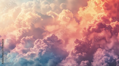 colorful sky with pink, blue and purple clouds. The sky is filled with fluffy clouds that look like they are made of cotton candy. The colors of the clouds create a dreamy and whimsical atmosphere