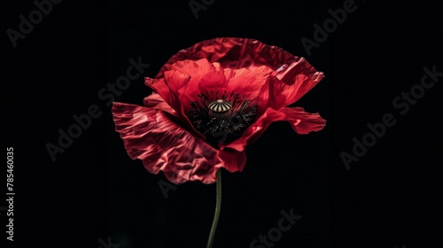 Red poppy flower on black background. Remembrance Day, Armistice Day, Anzac day symbol, floral, flora, blossom, closeup, garden, bloom, .