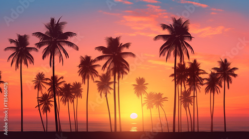 Tropical sunset with silhouetted palm trees against vibrant sky